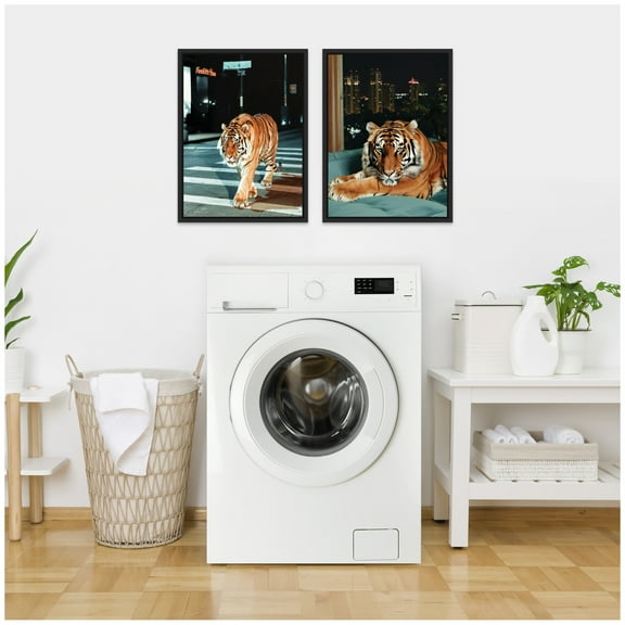Kate and Laurel Tiger in the City at Night  Set of 2 18x24 Framed Canvas Wall Art Set  by Michael Schauer, Sylvie Black, Industrial Urban, Animals, Cityscapes Art for Wall Decor, Living Room