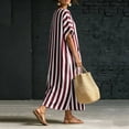 thumbnail image 5 of ClodeEU Women's Striped V Neck Short Sleeve Linen Blend Midi Dress, Casual Loose Swing Sundress with Pockets Wine,Women's Plus S, 5 of 8