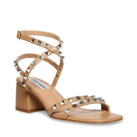 Steve Madden Invent Tan Ankle Strap Open Toe Pyramid Studded Heeled Sandal