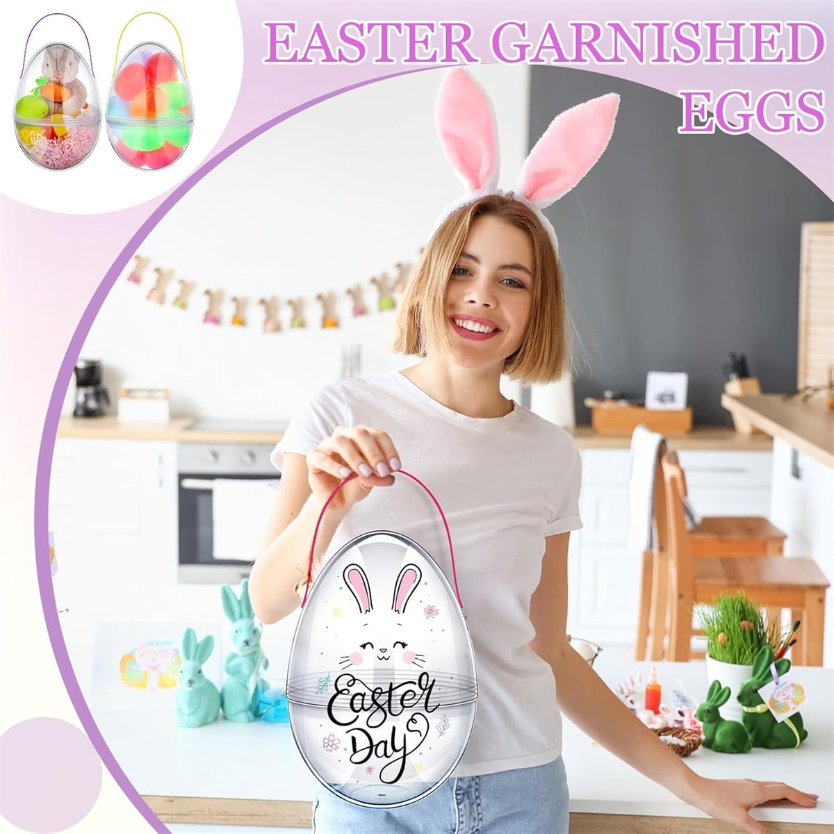 Tutuviw 6 Pcs Giant Clear Easter Egg with Handles, 8 in Large Easter Eggs,DIY Jumbo Easter Egg Fillable Big Bunny for Easter Hunt Game Supplies,Egg Shaped Baskets Containers Decoration