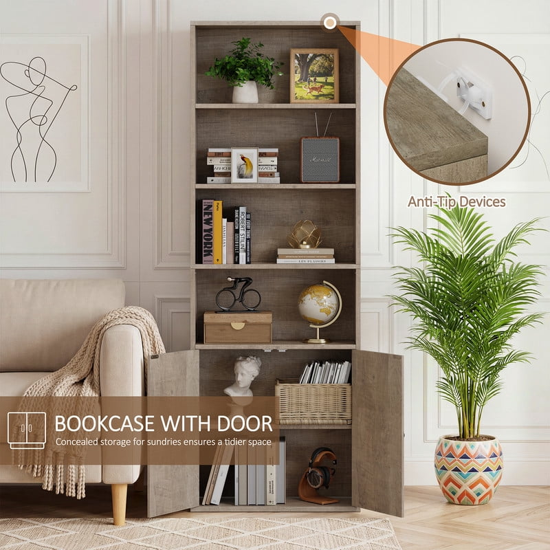 Walsunny Bookcase with Doors, 6-Tier Bookshelf with Storage, Farmhouse Bookshelves with Cabinet, Storage Display Shelf for Living Room Home Office, Gray