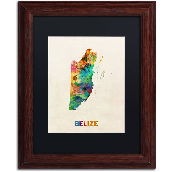 Trademark Fine Art ''Belize Watercolor Map'' by Michael Tompsett 16" x 20" Black Matted Wood Frame