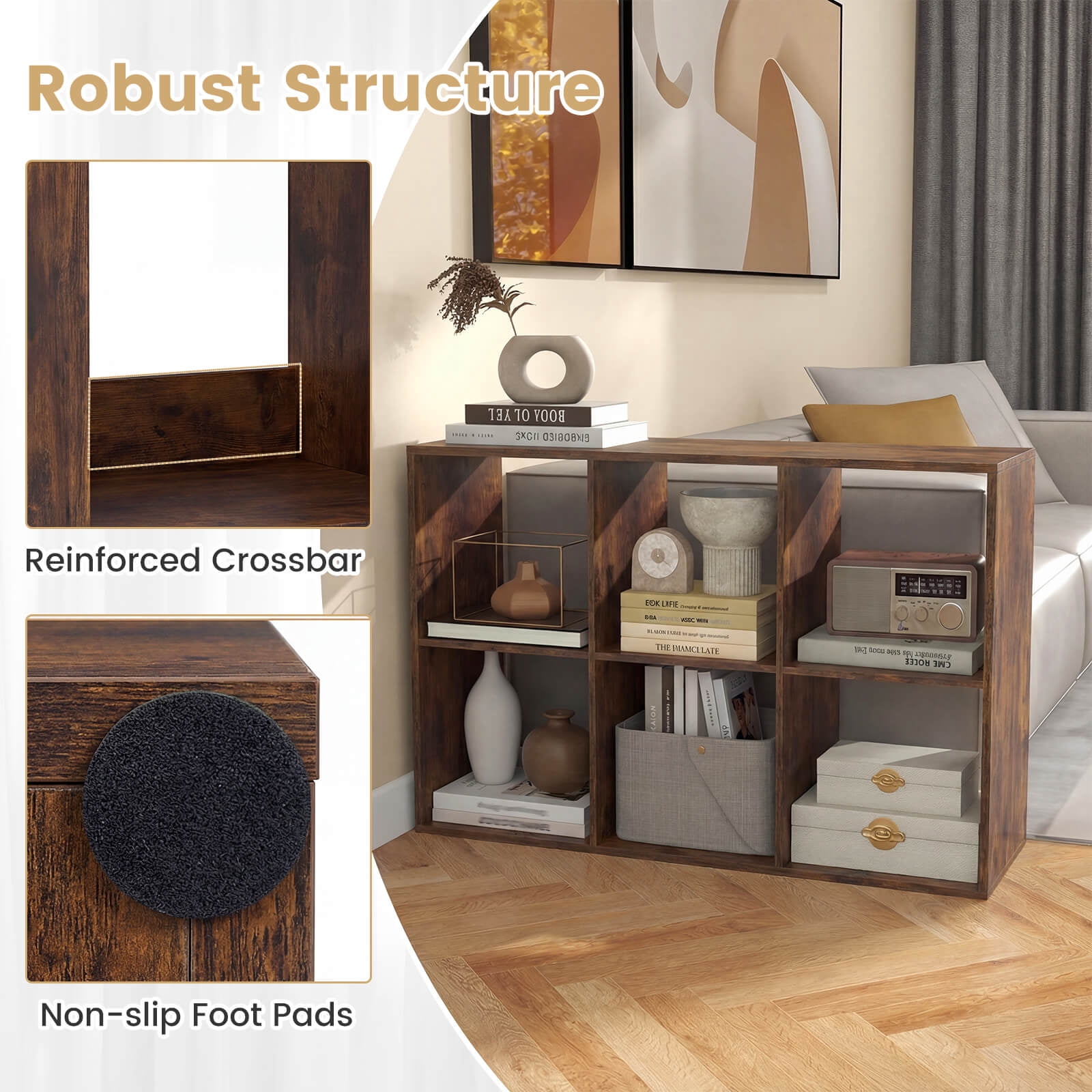 Costway 6-Cube Bookshelf, Modern Cubby Bookcase with Back Guardrail & Anti-tipping Kits Brown