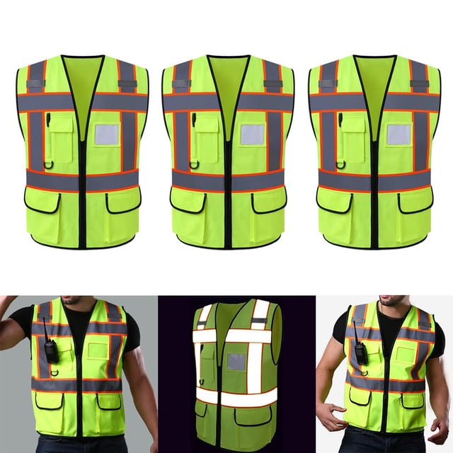 Chaleco de seguridad de 3 piezas con bolsillos, chaleco de construcción brilnte con tiras tes, Yotijar Chaleco reflectante de seguridad con cremallera
