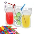 thumbnail image 1 of 100pcs Clear Drink Pouches Reusable Drinks Bags Portable Stand-up With Straw, 1 of 5