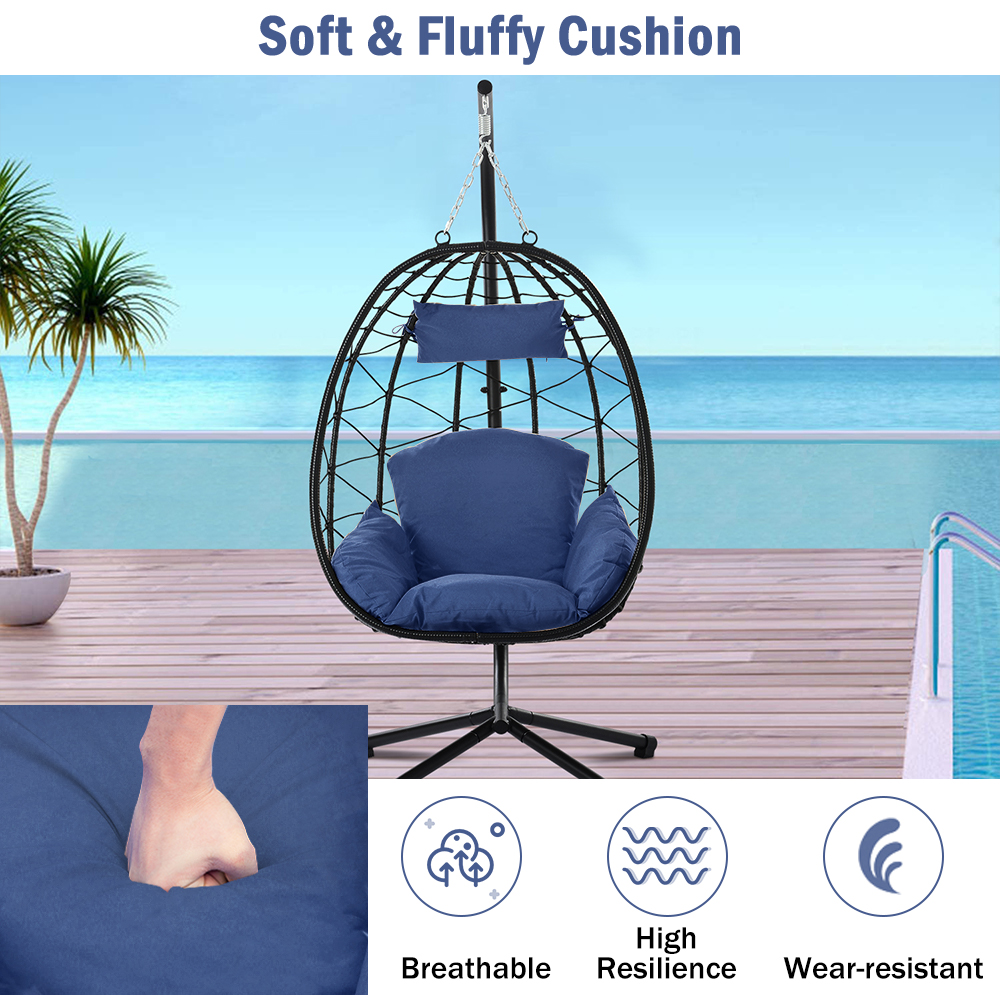 Hanging Wicker Egg Chair with Stand and Dark Blue Cushion, Heavy Duty Steel Frame Resin Wicker Hanging Chair, Outdoor Indoor UV Resistant Furniture Swing Chair with Headrest Pillow, 264lbs - image 5 of 13