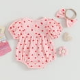 thumbnail image 3 of Bagilaanoe Newborn Baby Girl Valentine's Day Rompers Heart Print Short Puff Sleeve Bodysuits + Headband 3M 6M 12M 18M Infant Casual One Piece Jumpsuit, 3 of 7