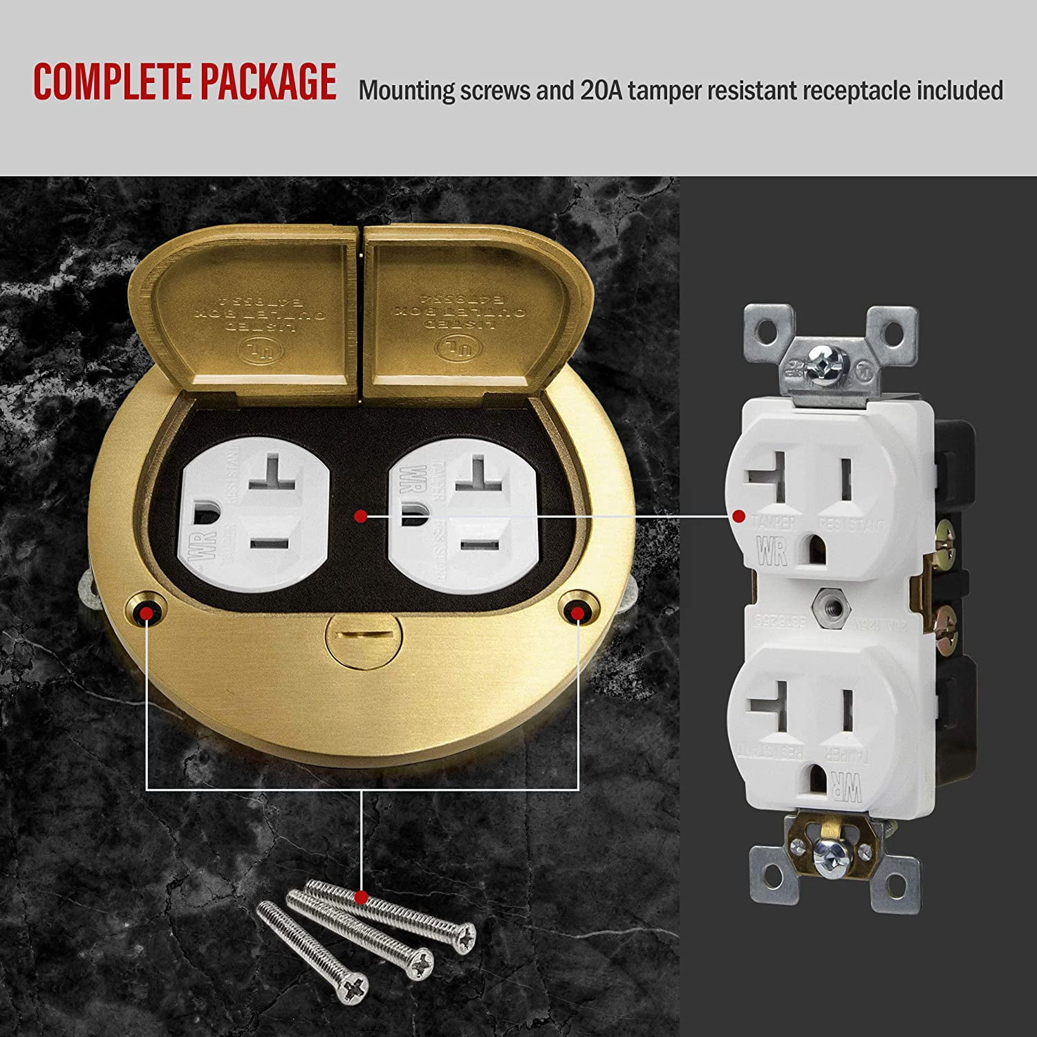 ENERLITES Dual Flip Lid Floor Box Cover, 4" Diameter, 20A Tamper-Weather Resistant Receptacle Outlet, Watertight Gaskets, 975503-C, UL Listed, Brass,Gold