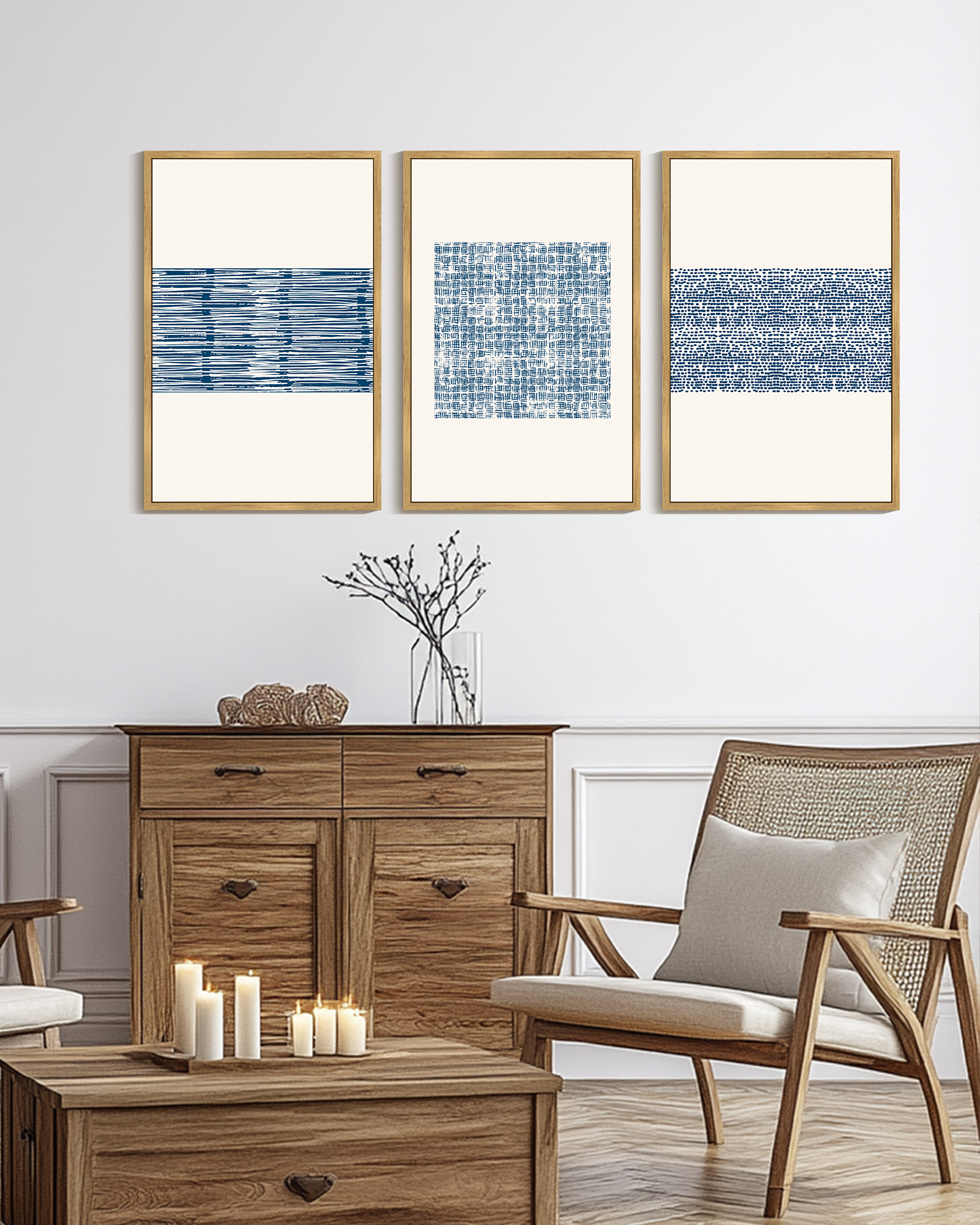 SHENIFY Large 24x36in3pcs Natural Framed Abstract Boho Art Framed Wood Blue White Grunge Geometric Wall Decor Minimalist Bohemian Bedroom Decor Canvas Prints