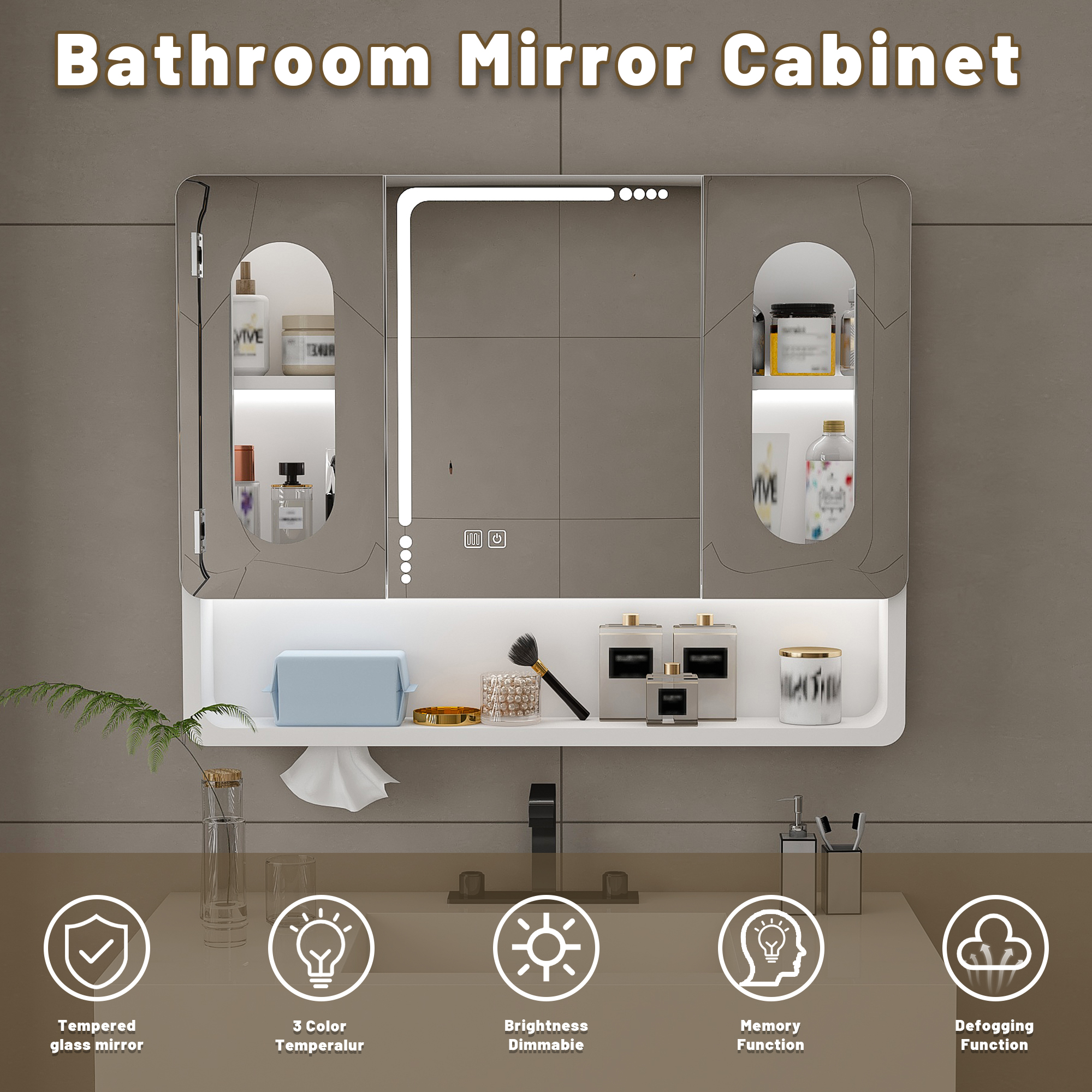 Bathroom Mirror Cabinets, Medicine Cabinets, Wall Mounted Bathroom Mirror Cabinet with LED Lights, Touch Control, 3 Color Lighting, Aluminum Alloy Construction, Spacious Storage for Bathroom, White