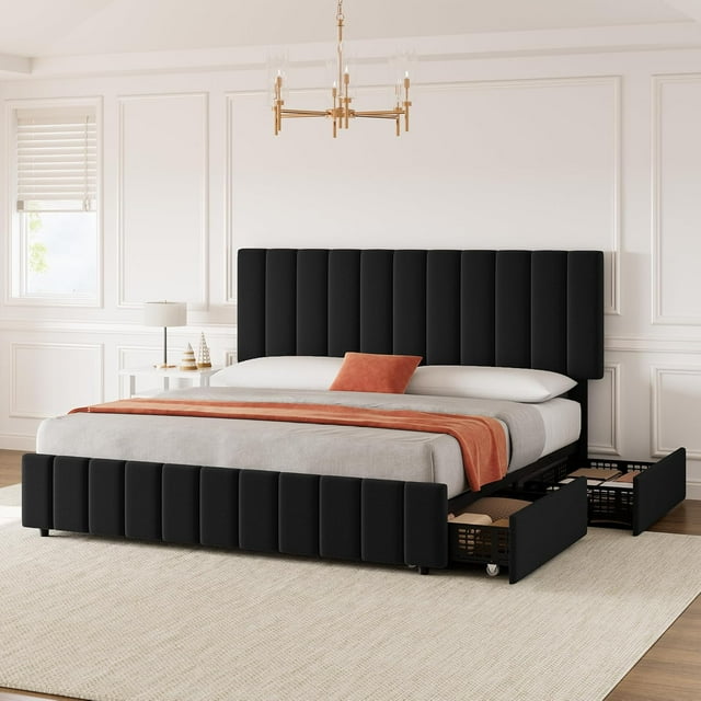 YUSAZENS King Size Linen Upholstered Platform Bed Frame with 4 Storage Drawers, Adjustable Headboard, No Box Spring Needed, Wooden Slats Support, Black