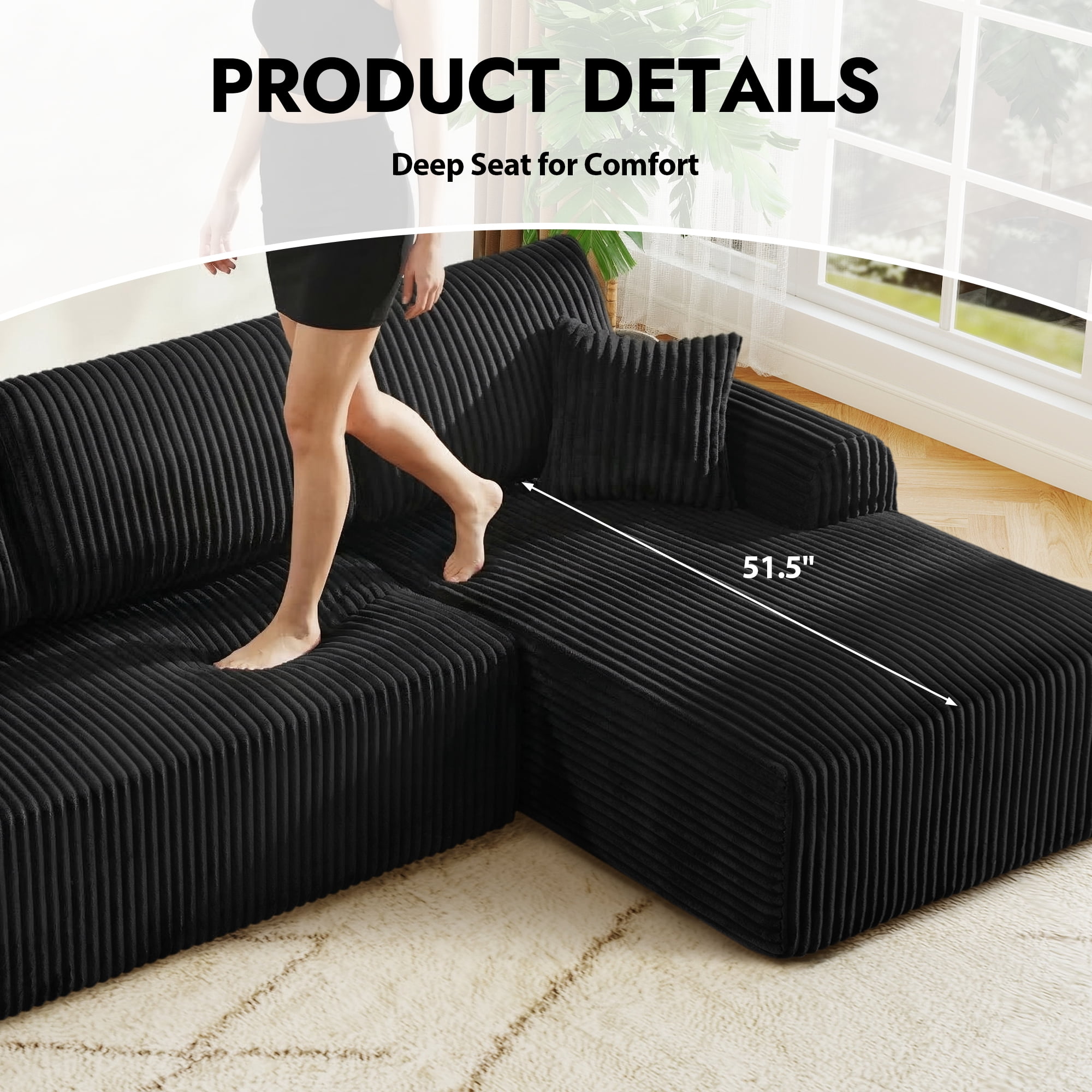 Aukfa 109" Modular Cloud Sectional Sofa with L-Shape Chaise, Corduroy Upholstered Deep Seat Couch, Right Facing Chaise, No Assembly Boneless Sofa for Living Room/Bedroom/Apartment, Black