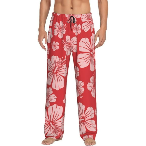 Logiee Red Hibiscus Flower Print Pajama Pants for Men,Men’s Pajama Bottoms,Mens PJ Pants with Pockets & Button Fly-Small