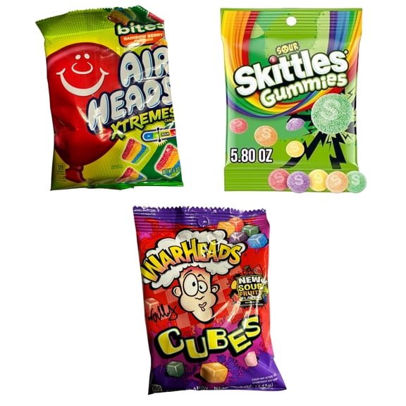 Sour Candy Variety  Pack, 3 Bags - Airheads Xtremes, Skittles Sour Gummies & Warheads Cubes, Chewy Candy Mix, Share Size, Non-Melting