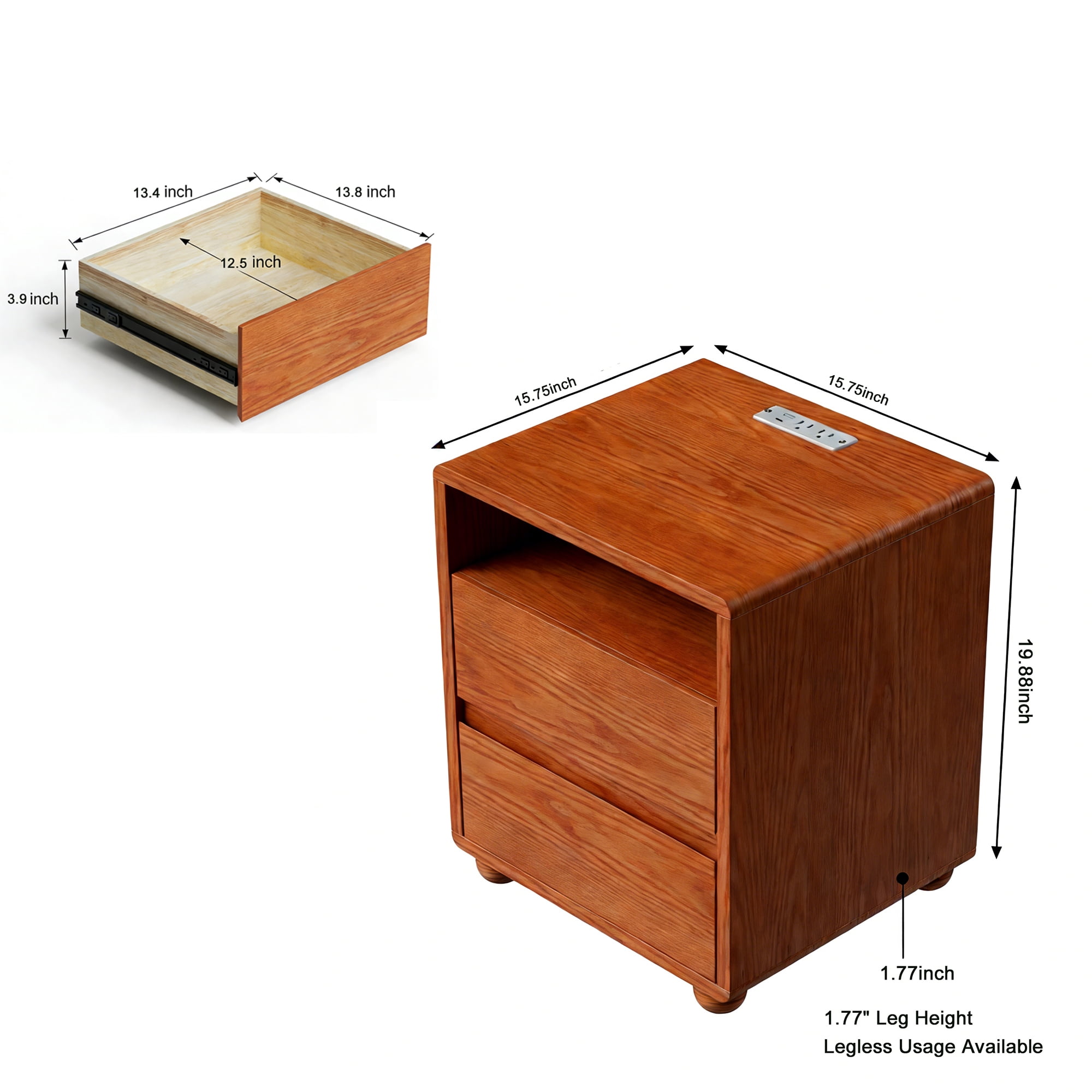 20"Modern Nightstand with 2 Drawers And Shelves Solid Wood Night Stand with Charger Station Mid Century Bedside Table Curved Wood Side Table