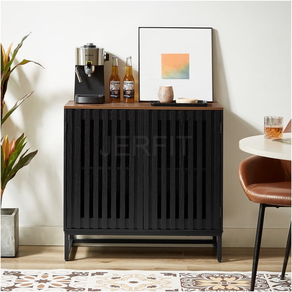 JERFIT Modern Slatted Door Storage Cabinet with Metal Legs, 31.5 Inch Wide Buffet Sideboard Dresser for Living Room, Dining Room & Office, Black and Brown Finish