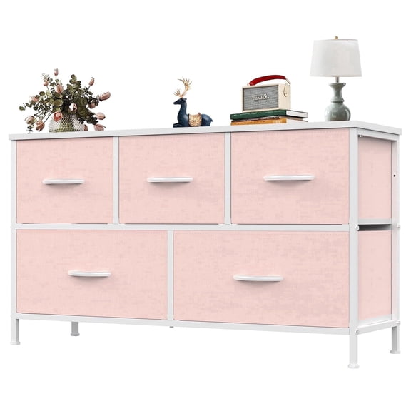 5 Drawers Fabric Dresser for Bedroom, Drawer Organizer Storage Cabinet for Closet, Clothes, TV Stand, Pink
