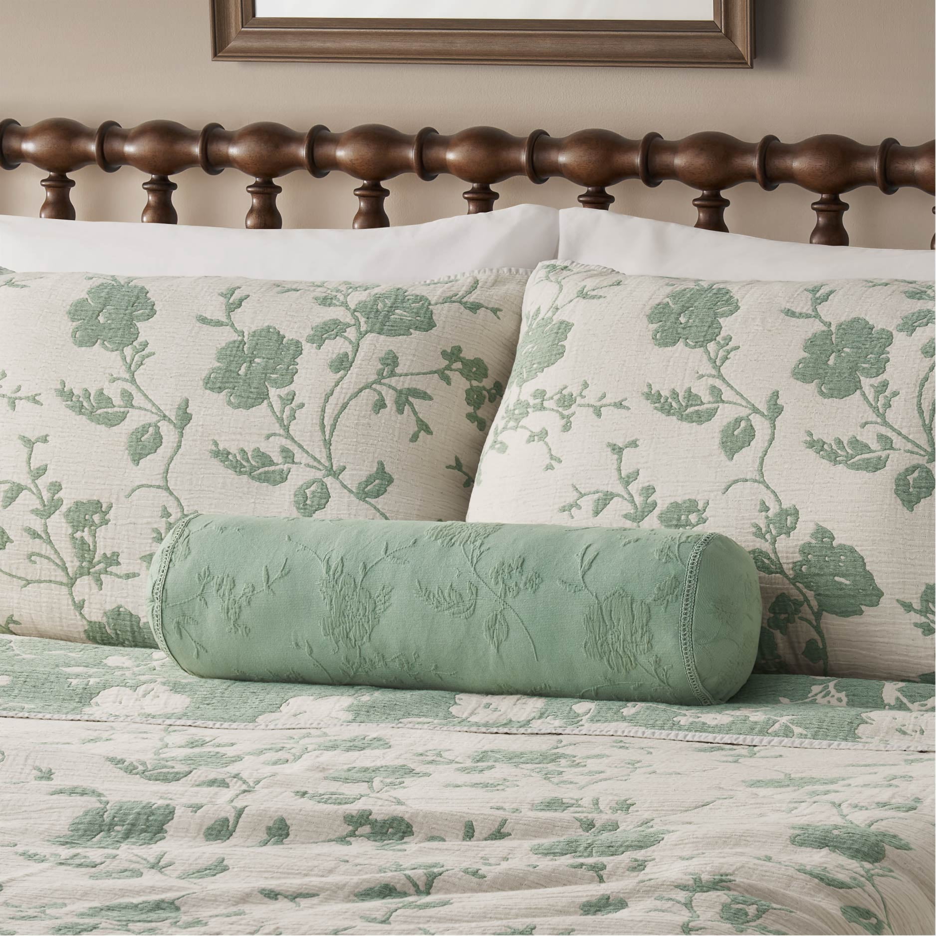 The Pioneer Woman Green Matelasse Floral Crochet Trim Decorative Bolster Pillow