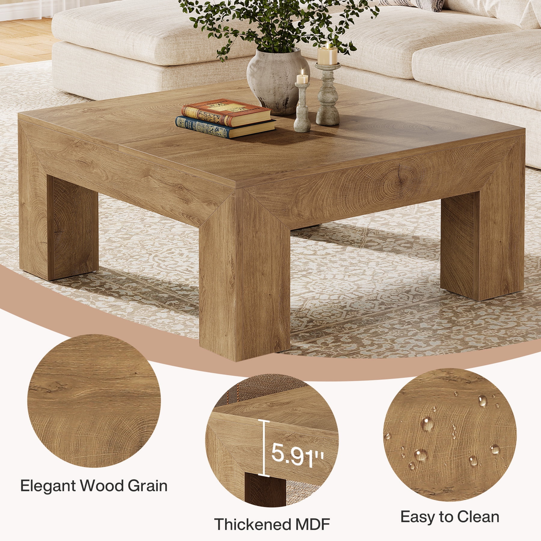 Fnova 39.4" Square Coffee Table, Farmhouse Wood Accent Center Cocktail Table with Sturdy Wooden Legs for Living Room, Easy Assembly