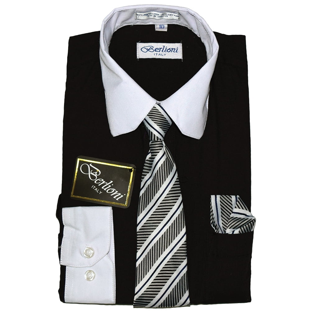 Berlioni Kids Boys Long Sleeve Dress Shirt With Tie and Hanky Black 