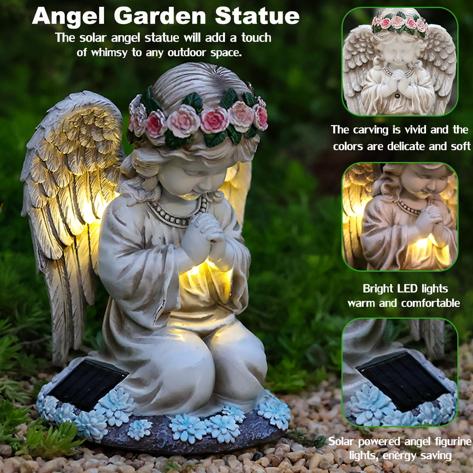 Solar Angel Garden Statue Outdoor, Resin Angel Statues Solar Figurine Lights Outdoor Waterproof, Angel Sculpture for Outside Garden Yard Patio Grave Cemetery Decor, Sympathy Memorial Gift