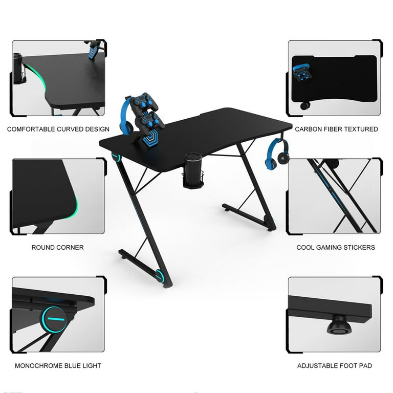 ARTETHYS Gaming Desk with Breathing RGB LED Lights 43.3-inch Tempered Glass  Desktop Gaming Table Z Shaped PC Gamer Workstations with Cup Holder 