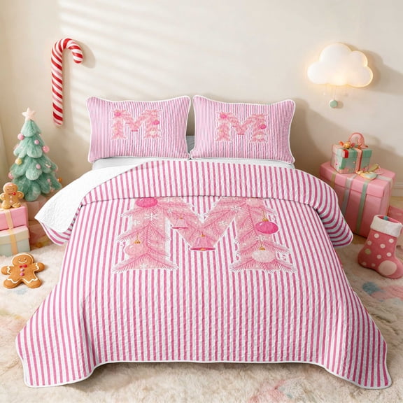 Manfei Initial Twin Quilt Set Christmas Twin Coverlet Set, Pink N 2 Pieces 1 Bedspread and 1 Pillowcase