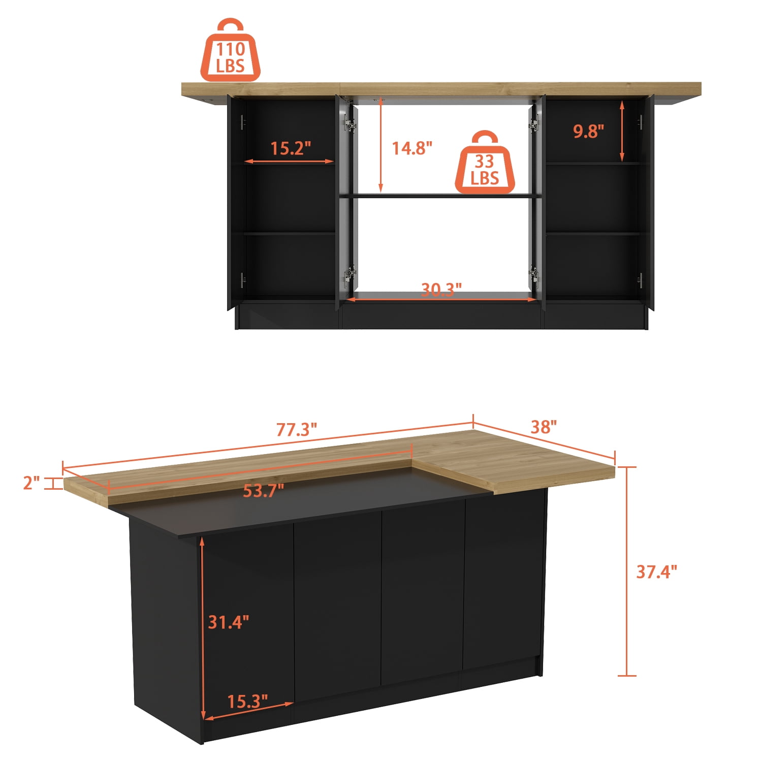 KULAGAGA Kitchen Island with Shelves & 6 Doors, Large L-Shape Wood Top Buffet Cabinet, Dining Table with Storage for 4-6 People, Black & Brown