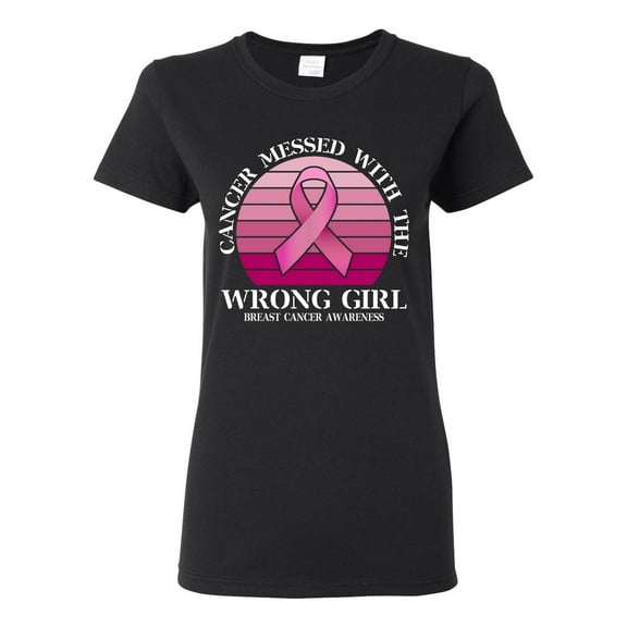 Wild Bobby Cancer Messed With the Wrong Girl Breast Cancer Awareness Women Graphic Tee, Black, Small