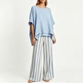 thumbnail image 5 of Costeam Womens Vertical Stripe Wide Leg Pant Two Piece Outfit Oversized Asymmetric Hem Short Sleeve Crew Neck Top with Side Pocket Loose Fit Casual Co Ord Set, 5 of 6