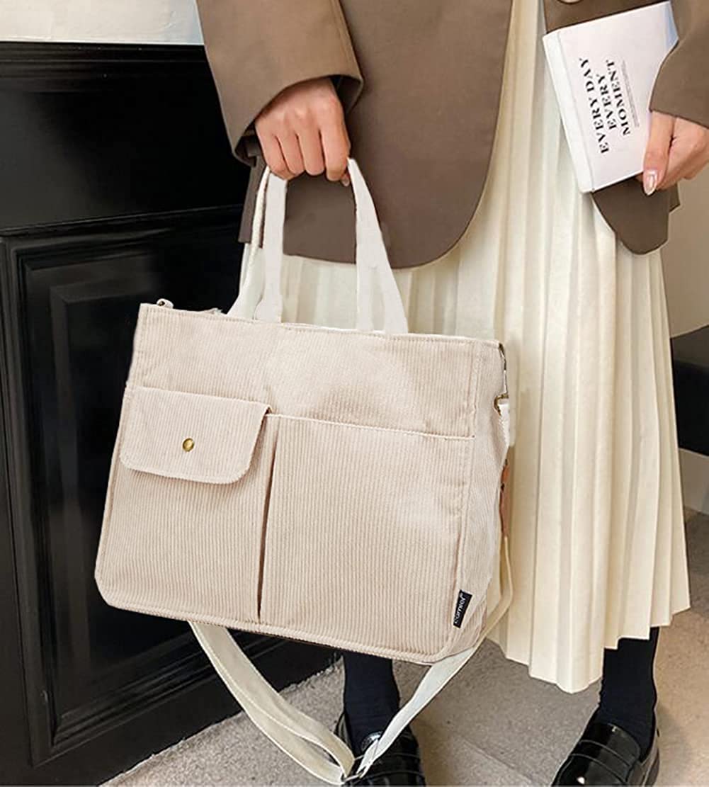 Grand Sac Fourre-Tout Femme 2025 En Velours Côtelé - Poche Pour Ordinateur, Grande Capacité - Pour Travail, Université, Voyage - 9