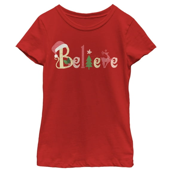Girl's Lost Gods Believe Christmas Text  Graphic Tee Red X Large