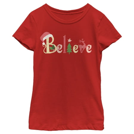 Girl's Lost Gods Believe Christmas Text Graphic Tee Red Large