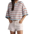 thumbnail image 3 of Women's Striped Crew Neck Drop Shoulder Short Sleeve Cropped Knit Sweater Blue S, 3 of 8
