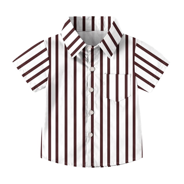Chemise d'Uniforme Scolaire à Manches Courtes pour Enfants, Imprimé à Rayures avec Poche, Mélange de Polyester, Col Rond, Coupe Décontractée, Tissu Respirant