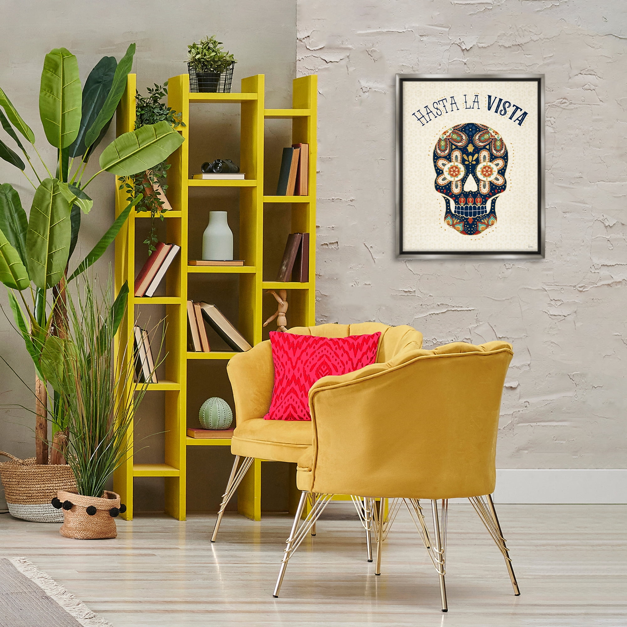 Stupell Industries Hasta la Vista Calavera Inspirational Quotes & Sayings Painting Gray Floater Framed Art Print Wall Art, 17 x 21