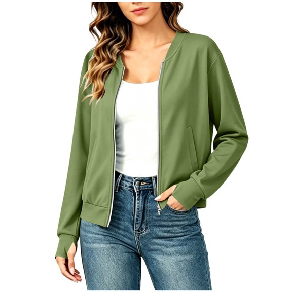 ClodeEU Women's Zip Up Long Sleeve Jacket with Thumbhole Cuffs ,Casual Fashion Coat with Pockets Army Green,Women's Plus L