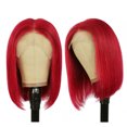 thumbnail image 5 of Bob Wigs Human Hair Straight Lace Part Blunt Cut Middle Parting Light Red 180% Density Glueless Remy Wig Shoulder Length 14 Inch, 5 of 7