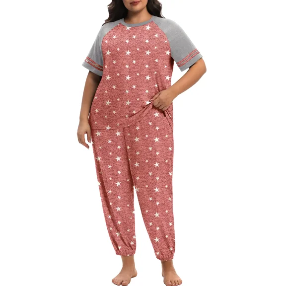 Cueply Women’s Plus Size Pajama Set 2 Piece Short Sleeve Lounge Top and Elastic Waist Jogger Pants Soft Sleepwear