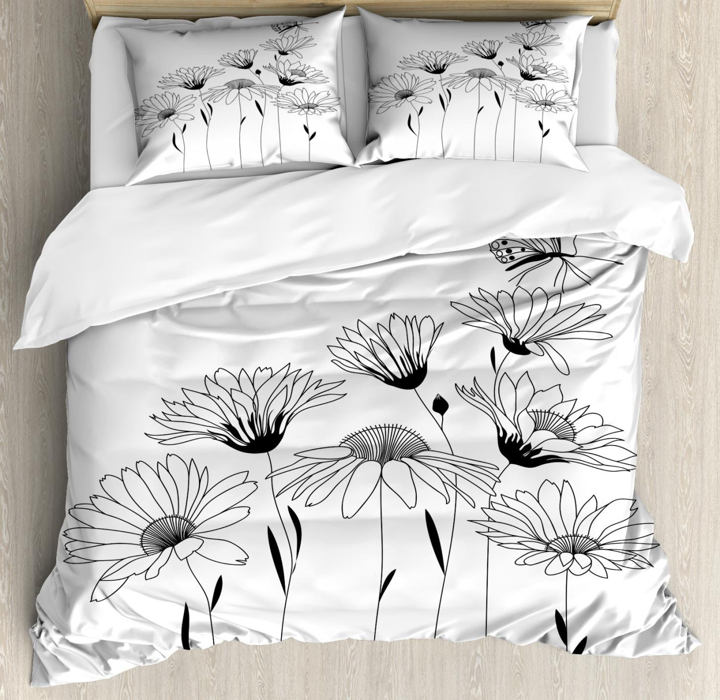 Daisy Duvet Cover Set Queen Size Sketch Style Composition Of Daisy Duvet Cover Set Queen Size Sketch Style Composition Of Flowers And Erfly Monochrome Flora Fauna Decorative 3 Piece Bedding With 2 Pillow