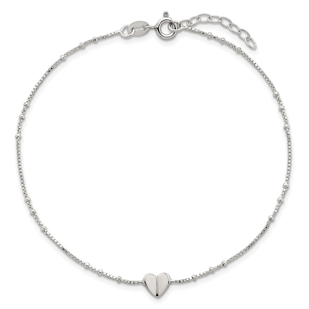 Sterling Silver Polished and Beaded Heart 9 inch with 1 inch Extension Anklet