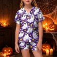 thumbnail image 2 of felwors Silky Satin Kids' Pajama Set Breathable & Smooth Unisex Button-Down Pajamas Cute Pastel Pink Halloween (Purple,12-13 Years), 2 of 5