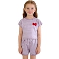 thumbnail image 2 of LIIPEE Girls Outfit Sets Casual Summer Striped Printed Short Sleeve Crew Neck Bow Decoration T Shirt Elastic Waist Shorts 2 Piece Set Kids Comfortable Breathable Cute Clothing,Purple,8-9 Years, 2 of 4