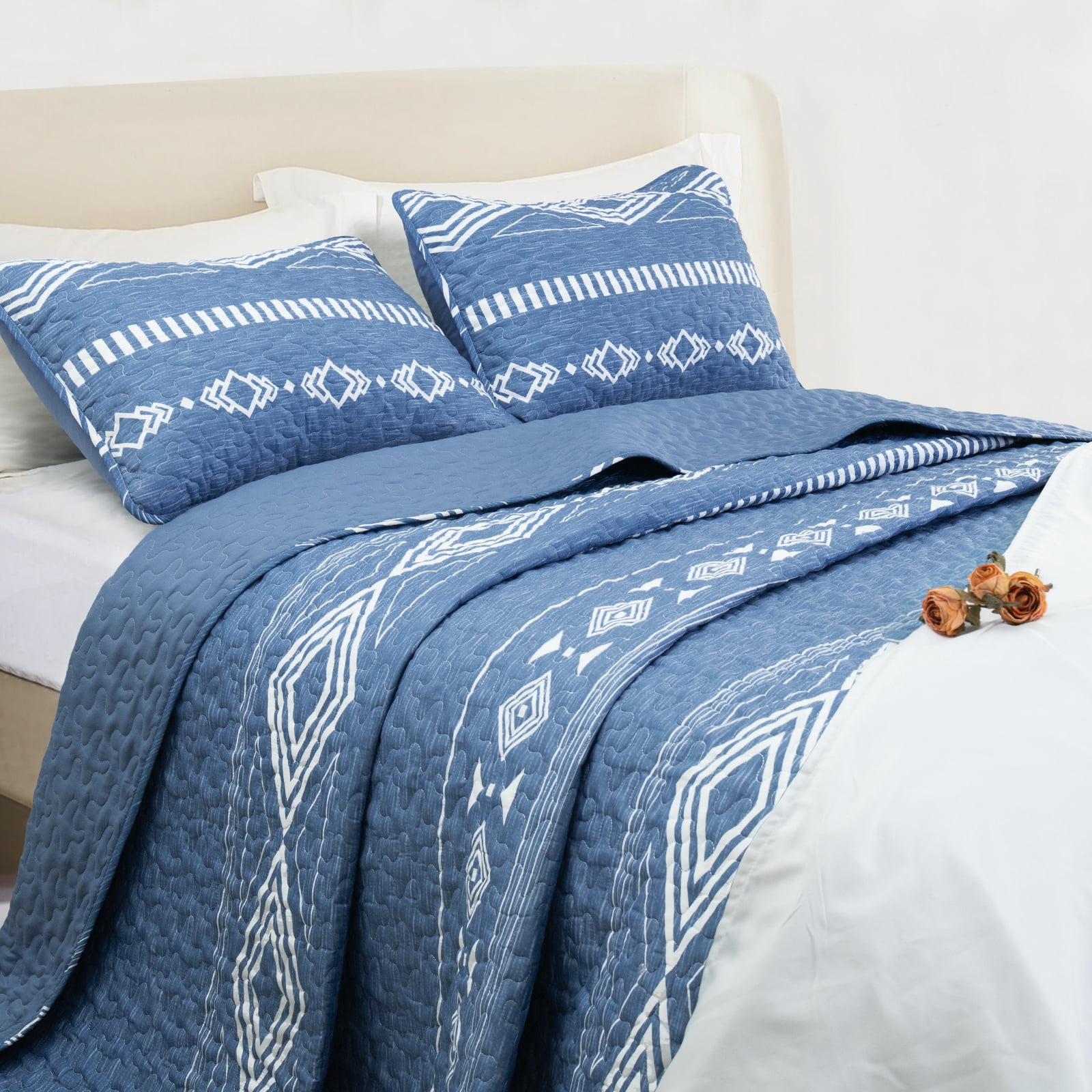 Whale Flotilla Reversible Ultra Soft Printed Quilts Twin Size, Lightweight Patchwork Geometric Stripes Bedspreads Coverlets Twin Quilt Bedding Set with 1 Pillow Sham for All Seasons, Bluish Grey
