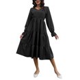 thumbnail image 1 of Vestido de Mujer con Cuello en V Linterna Manga Larga Color Puro Estilo de Cintura elástica Vestido Acampanado Informal para la Vida Diaria Negro M, 1 of 8