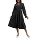 thumbnail image 1 of Vestido de Mujer con Cuello en V Linterna Manga Larga Color Puro Estilo de Cintura elástica Vestido Acampanado Informal para la Vida Diaria Negro S, 1 of 8