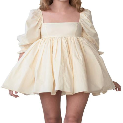 Inevnen Women Cute Puffy Dress Printed Bell Sleeve Square Neck Mesh Ruffle  Bubble Dress