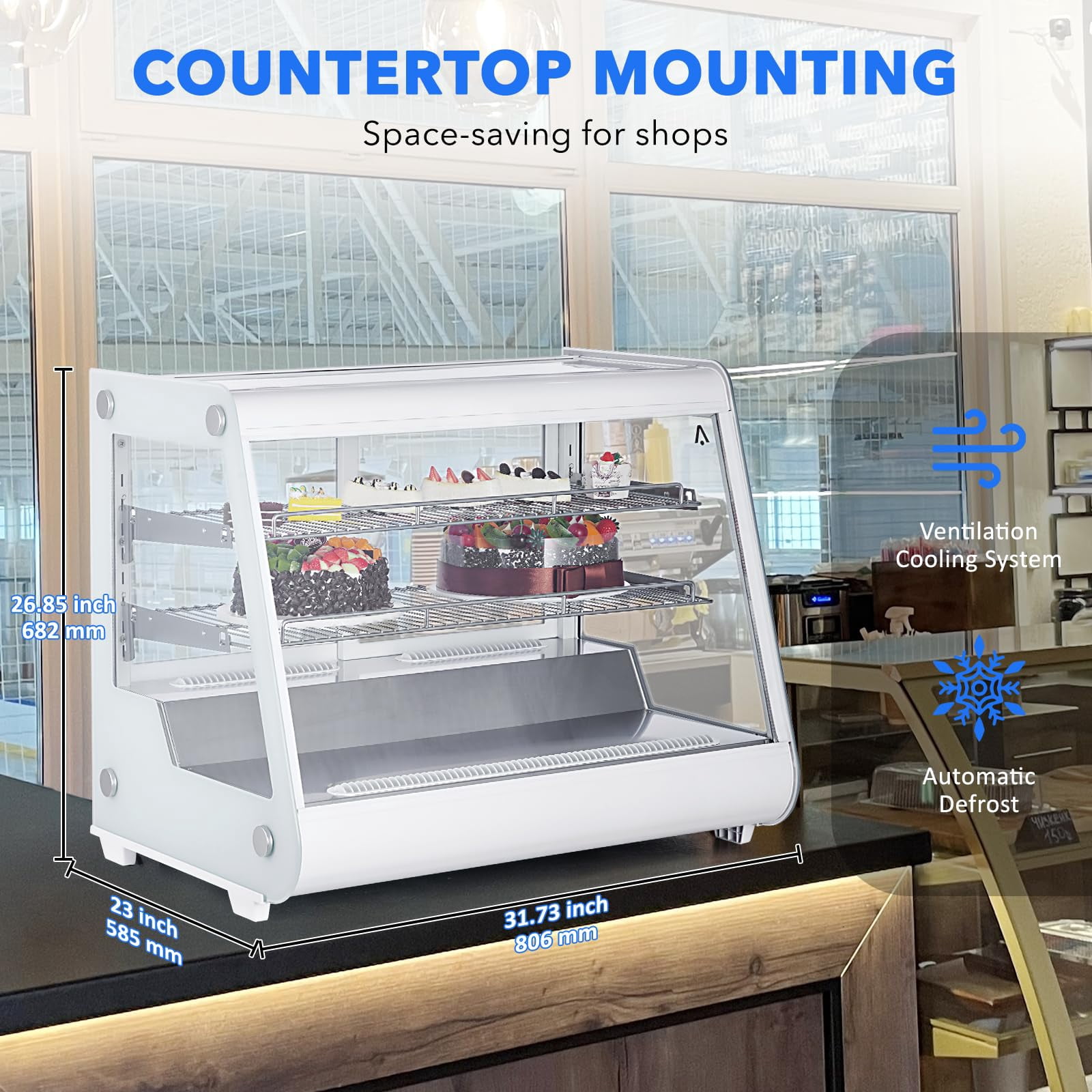 Commercial Cake Display Refrigerator, 5.3 Cu.Ft./149L Single-Door Merchandiser with Interior LED Lighting, Double-Layered Glass, Countertop/Floor Refrigerator, 110v
