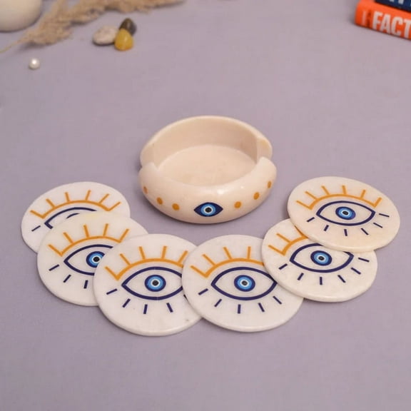 White Marble Coaster Set With 6 Pcs Coaster plates Eye Design Décor