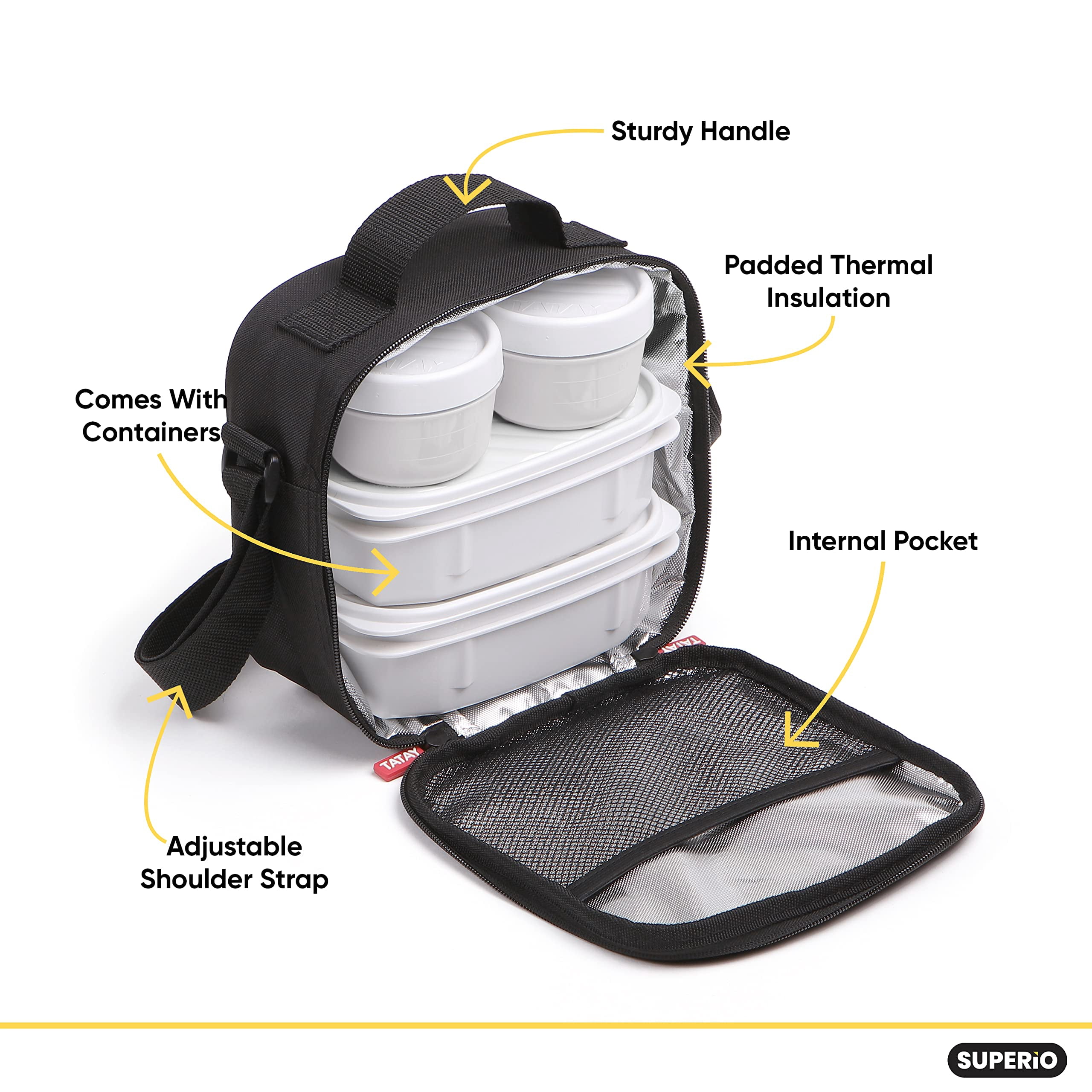 Insulated Lunch Bag with Containers, Thermal Lined Lunch Box, Reusable Leak Proof Containers for Work, Travel, and Beach, Black Small Lunch Bag with Adjustable Strap, Easy to Clean